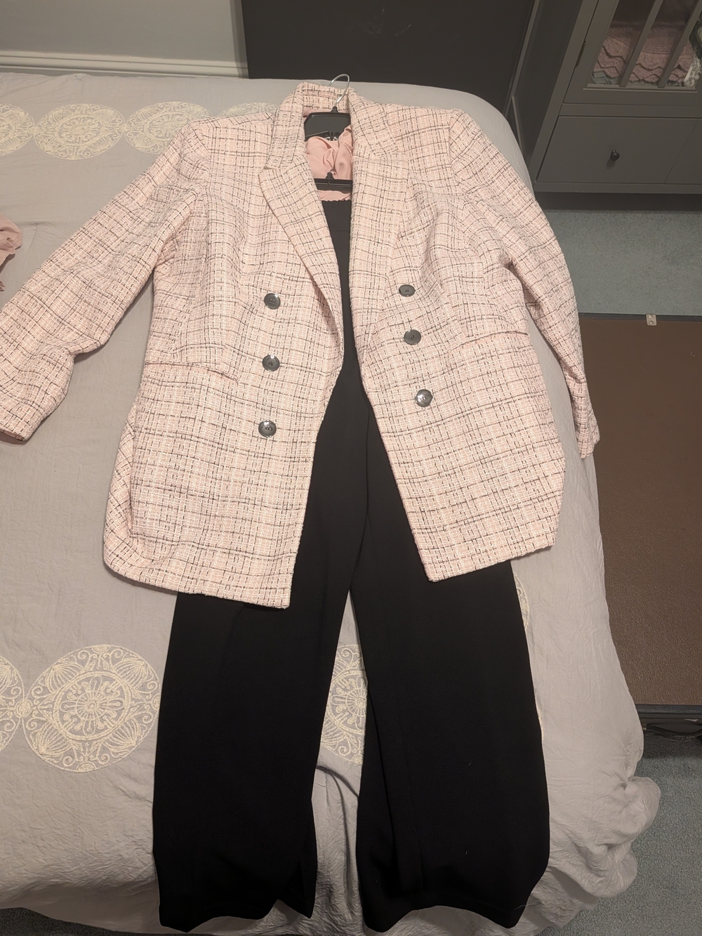 Bar III Pale Pink Tweed Double-Breasted Blazer, Undershirt, & Pants